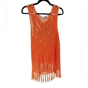 Cato Orange Crochet Fringe Swim Coverup Tank